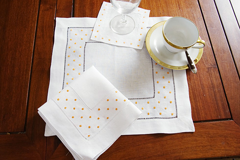 Square Linen Napkin. Orange Swiss Polka Dots. Hemstitch. 14".
